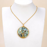 Round Mosaic Abalone Paua Pendant with Gold Plated Wire Tree, Medium Size, Pnd4006