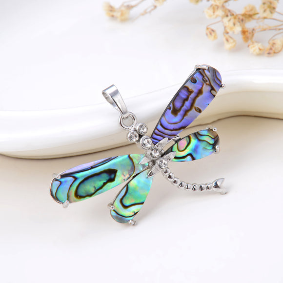Abalone Paua Dragonfly Pendant With Silver Plated&CZ Design, PND4040AB