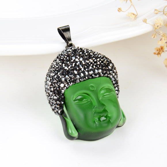 Green Pressed Quartz Buddha Head Pendant Marcasite Design, Pnd6034