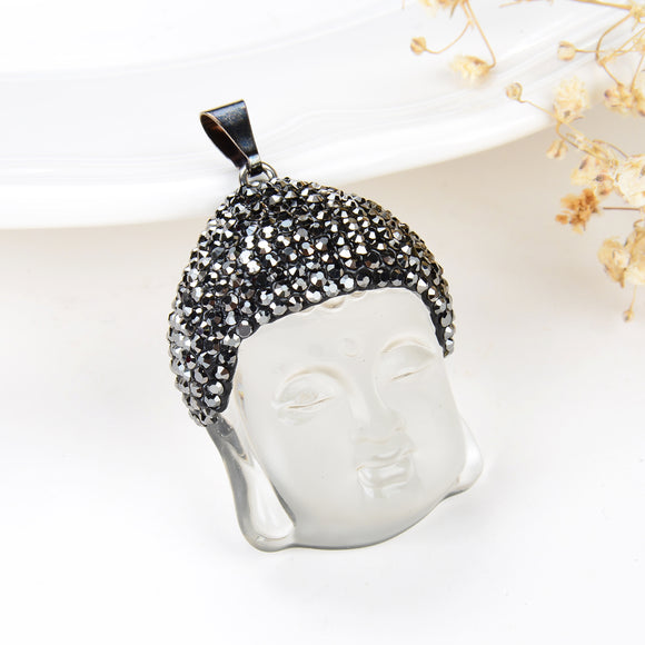 White Pressed Quartz Buddha Head Pendant Marcasite Design, Pnd6036