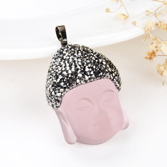 Pink Pressed Quartz Buddha Head Pendant Marcasite Design, Pnd6035