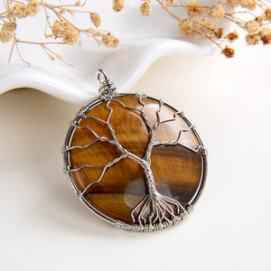 Tiger's Eye Round Pendant Rimmed Silver Plated Wire Tree, Medium Size, PND6115TE