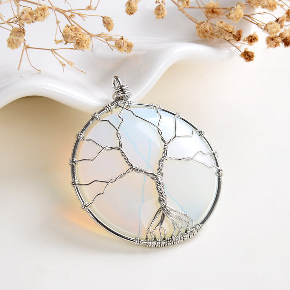 Opalite Round Pendant Rimmed Silver Plated Wire Tree, Medium Size, PND6116OT