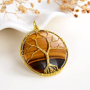 Tiger Eye Round Pendant Rimmed Gold Plated Wire Tree, Medium Size, PND6110TE