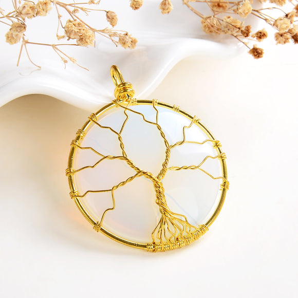Opalite Round Pendant Rimmed Gold Plated Wire Tree, Medium Size, PND6111OT