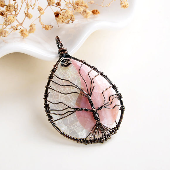 Pink Mother Of Pearl Teardrop Pendant Rimmed Copper Wire Tree, Medium Size, PND6099PM